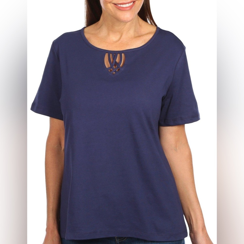 215M NWOT‎ Karen Scott Solid Lattice Keyhole Short Sleeve Top - Size: XS